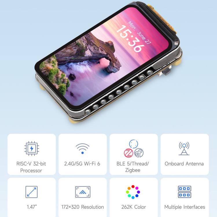 Scheda di sviluppo Waveshare ESP32-C5 con display LCD da 1,47 pollici a 262.000 colori, supporto Wi-Fi 6 e Bluetooth 5., Without Headers, With Pre-soldered Headers