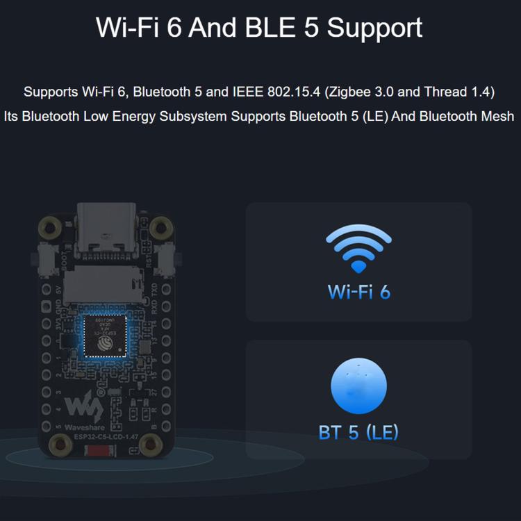 Scheda di sviluppo Waveshare ESP32-C5 con display LCD da 1,47 pollici a 262.000 colori, supporto Wi-Fi 6 e Bluetooth 5., Without Headers, With Pre-soldered Headers