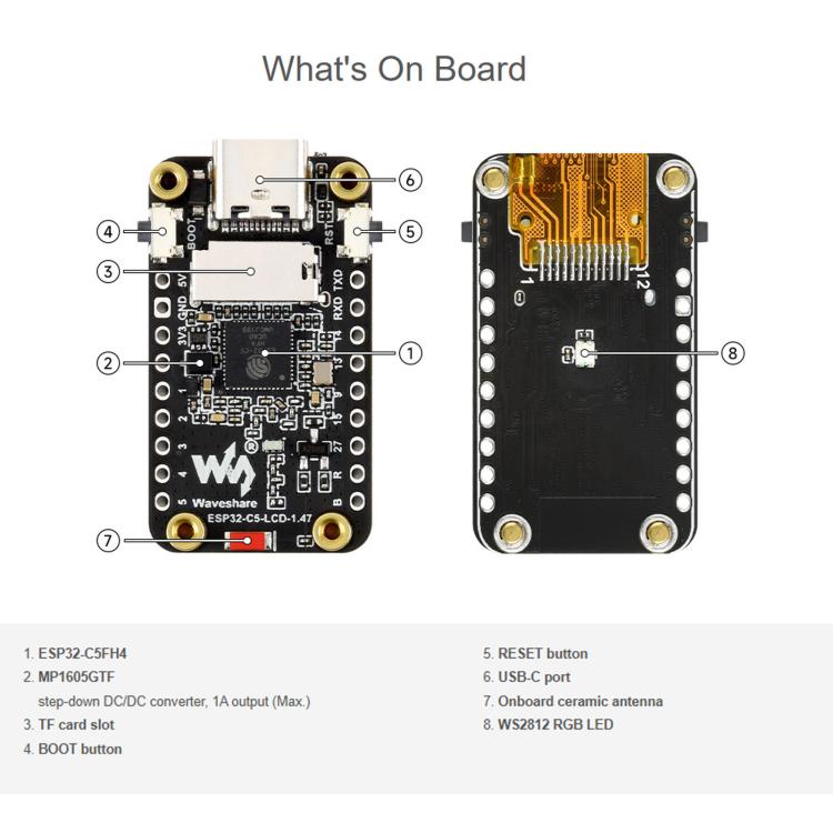 Scheda di sviluppo Waveshare ESP32-C5 con display LCD da 1,47 pollici a 262.000 colori, supporto Wi-Fi 6 e Bluetooth 5., Without Headers, With Pre-soldered Headers