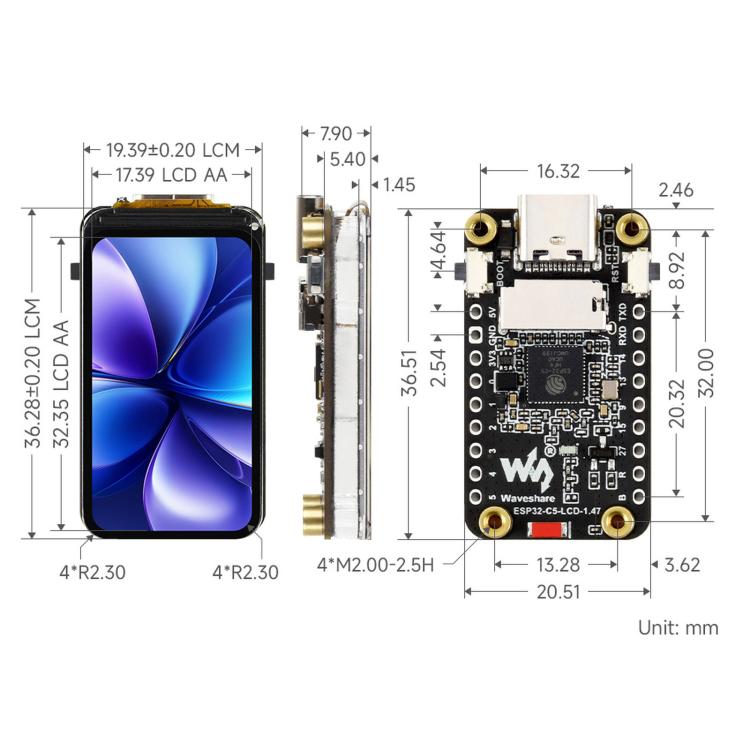Scheda di sviluppo Waveshare ESP32-C5 con display LCD da 1,47 pollici a 262.000 colori, supporto Wi-Fi 6 e Bluetooth 5., Without Headers, With Pre-soldered Headers