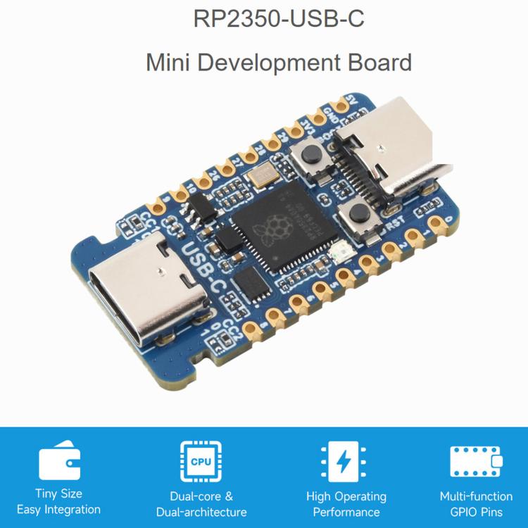 Scheda di sviluppo per microcontrollore Waveshare RP2350-USB-C Dual-Core e Dual-Architecture, With PIO-USB Female Port, With PIO-USB Male Port
