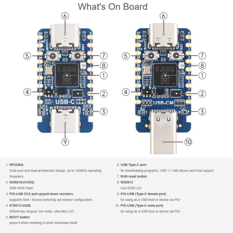Scheda di sviluppo per microcontrollore Waveshare RP2350-USB-C Dual-Core e Dual-Architecture, With PIO-USB Female Port, With PIO-USB Male Port
