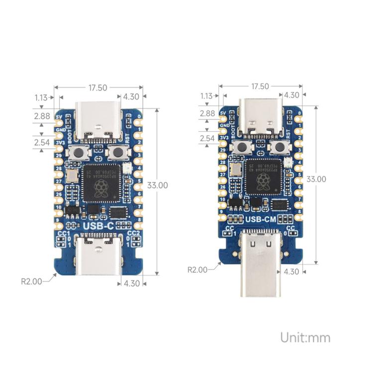 Scheda di sviluppo per microcontrollore Waveshare RP2350-USB-C Dual-Core e Dual-Architecture, With PIO-USB Female Port, With PIO-USB Male Port