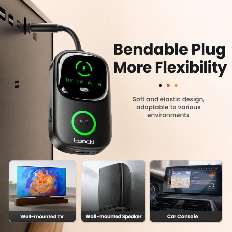 Adattatore audio wireless Toocki 2-in-1 Bluetooth 5.4 con trasmettitore, ricevitore, AUX e ingresso da 3,5 mm e indicatore di carica., BT-05