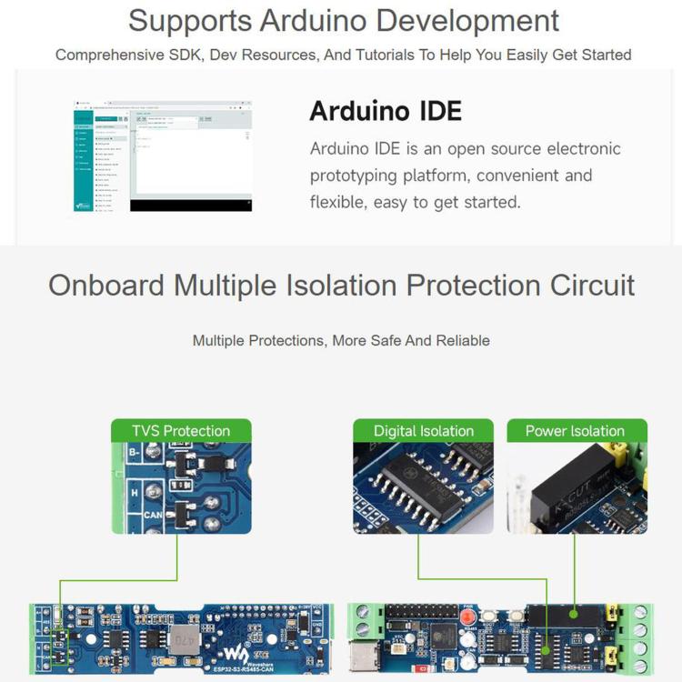 Scheda di controllo WAVESHARE ESP32-S3 con interfacce di comunicazione RS485 e CAN, supporta Wi-Fi/Bluetooth e dispone di molteplici circuiti di protezione integrati., Onboard Antenna