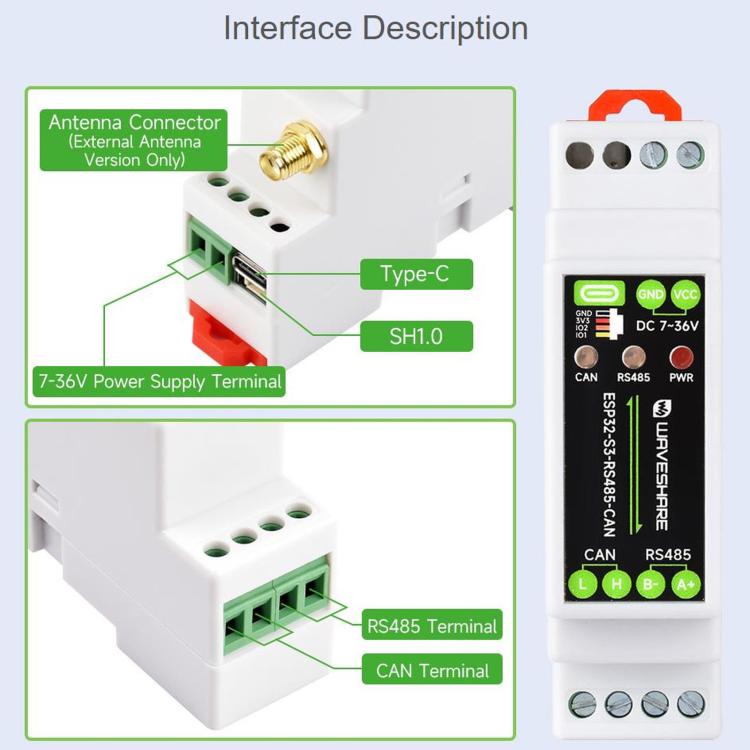 Scheda di controllo WAVESHARE ESP32-S3 con interfacce di comunicazione RS485 e CAN, supporta Wi-Fi/Bluetooth e dispone di molteplici circuiti di protezione integrati., Onboard Antenna