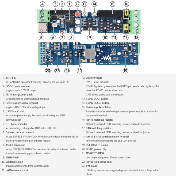 Scheda di controllo WAVESHARE ESP32-S3 con interfacce di comunicazione RS485 e CAN, supporta Wi-Fi/Bluetooth e dispone di molteplici circuiti di protezione integrati., Onboard Antenna
