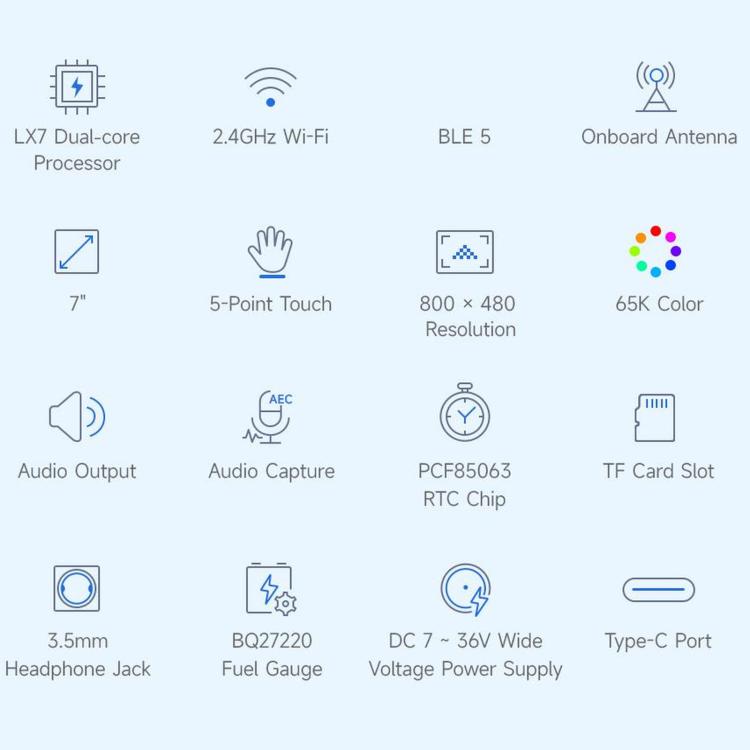 WAVESHARE ESP32-S3 Scheda di sviluppo con display touch vocale AI da 7 pollici, risoluzione 800 × 480, touch a 5 punti, pannello display IPS, supporta Wi-Fi a 2,4 GHz e BLE 5, 34894
