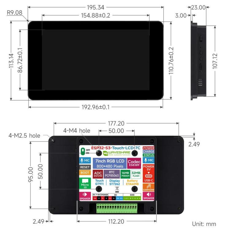 WAVESHARE ESP32-S3 Scheda di sviluppo con display touch vocale AI da 7 pollici, risoluzione 800 × 480, touch a 5 punti, pannello display IPS, supporta Wi-Fi a 2,4 GHz e BLE 5, 34894