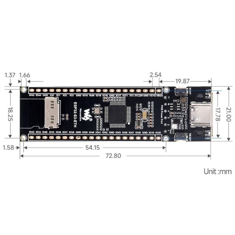 Scheda di sviluppo WAVESHARE ESP32-S3 ETH, porta Ethernet RJ45 10/100Mbps, supporto Wi-Fi e Bluetooth, processore dual core a 240 MHz, Single Board No Soldered Pin Header, Mainboard+OV5640 Camera No Soldered Pin Header                                  ...