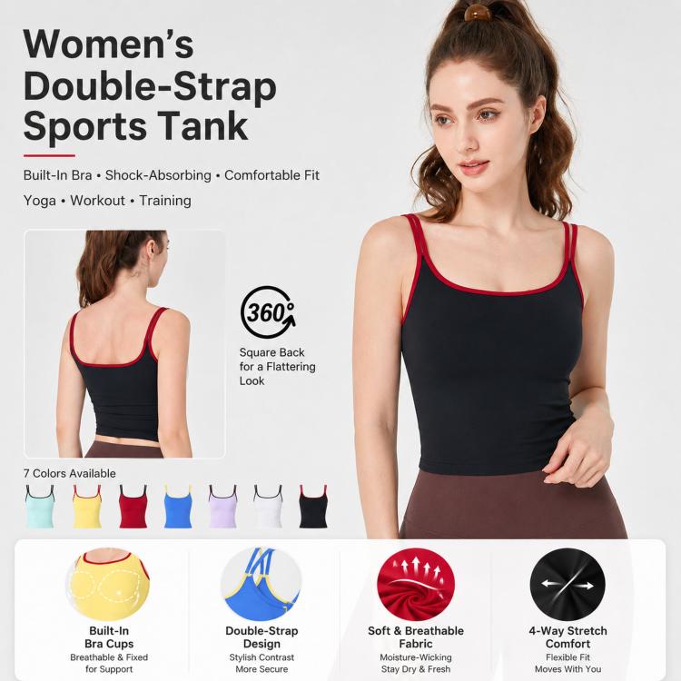 Canotta da donna con coppe fisse e doppie spalline, antiurto, comoda per sport e yoga., S, M, L