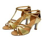 Scarpe da ballo latino da donna, sandali con lacci in raso per balli da sala e salsa, tacco medio di 5 cm, suola in camoscio., 34
