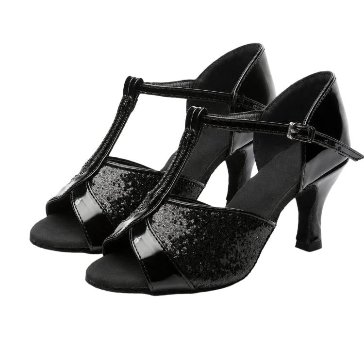 Scarpe da ballo latino da donna, sandali con lacci in raso per balli da sala e salsa, tacco medio di 5 cm, suola in camoscio., 34