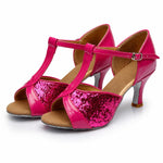 Scarpe da ballo latino da donna, sandali con lacci in raso per balli da sala e salsa, tacco medio di 5 cm, suola in camoscio., 34
