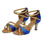 Scarpe da ballo latino da donna, sandali con lacci in raso per balli da sala e salsa, tacco medio di 5 cm, suola in camoscio., 35