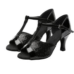 Scarpe da ballo latino da donna, sandali con lacci in raso per balli da sala e salsa, tacco medio di 5 cm, suola in camoscio., 35