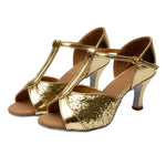 Scarpe da ballo latino da donna, sandali con lacci in raso per balli da sala e salsa, tacco medio di 5 cm, suola in camoscio., 35