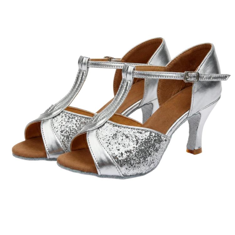 Scarpe da ballo latino da donna, sandali con lacci in raso per balli da sala e salsa, tacco medio di 5 cm, suola in camoscio., 35