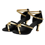 Scarpe da ballo latino da donna, sandali con lacci in raso per balli da sala e salsa, tacco medio di 5 cm, suola in camoscio., 36