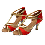 Scarpe da ballo latino da donna, sandali con lacci in raso per balli da sala e salsa, tacco medio di 5 cm, suola in camoscio., 37