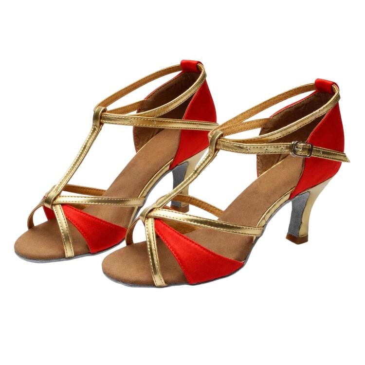 Scarpe da ballo latino da donna, sandali con lacci in raso per balli da sala e salsa, tacco medio di 5 cm, suola in camoscio., 37