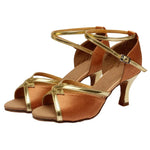 Scarpe da ballo latino da donna, sandali con lacci in raso per balli da sala e salsa, tacco medio di 5 cm, suola in camoscio., 37