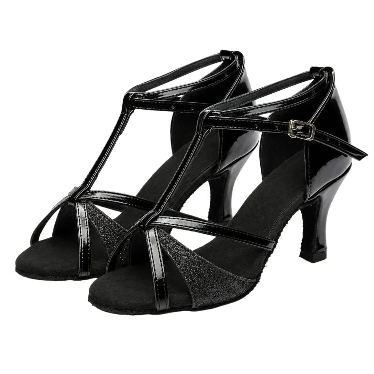 Scarpe da ballo latino da donna, sandali con lacci in raso per balli da sala e salsa, tacco medio di 5 cm, suola in camoscio., 38