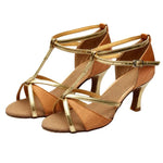 Scarpe da ballo latino da donna, sandali con lacci in raso per balli da sala e salsa, tacco medio di 5 cm, suola in camoscio., 38