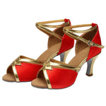 Scarpe da ballo latino da donna, sandali con lacci in raso per balli da sala e salsa, tacco medio di 5 cm, suola in camoscio., 39
