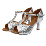 Scarpe da ballo latino da donna, sandali con lacci in raso per balli da sala e salsa, tacco medio di 5 cm, suola in camoscio., 39