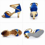 Scarpe da ballo latino da donna, sandali con lacci in raso per balli da sala e salsa, tacco medio di 5 cm, suola in camoscio., 34