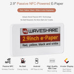 WAVESHARE Display E-Paper passivo da 2,9 pollici con alimentazione NFC (G), visualizzazione a 4 colori rosso/giallo/nero/bianco, alimentazione e aggiornamento wireless, 34751
