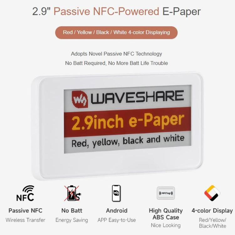 WAVESHARE Display E-Paper passivo da 2,9 pollici con alimentazione NFC (G), visualizzazione a 4 colori rosso/giallo/nero/bianco, alimentazione e aggiornamento wireless, 34751