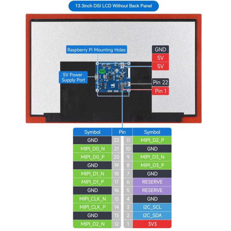 Display touch capacitivo DSI ad alta risoluzione da 13,3 pollici WAVESHARE, 1920 × 1080, IPS, pannello in vetro temperato, interfaccia DSI, touch a 10 punti, Without Back Panel, With Back Panel