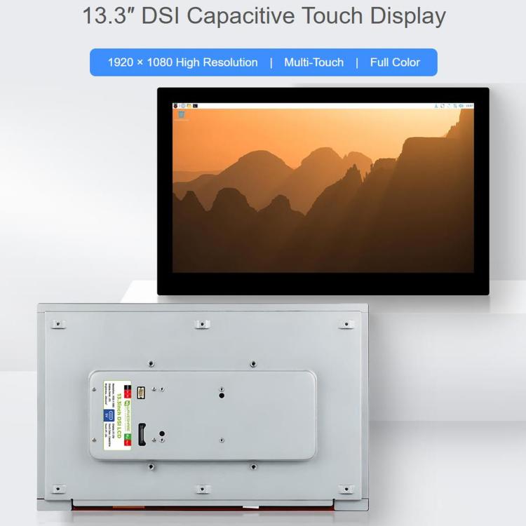 Display touch capacitivo DSI ad alta risoluzione da 13,3 pollici WAVESHARE, 1920 × 1080, IPS, pannello in vetro temperato, interfaccia DSI, touch a 10 punti, Without Back Panel, With Back Panel