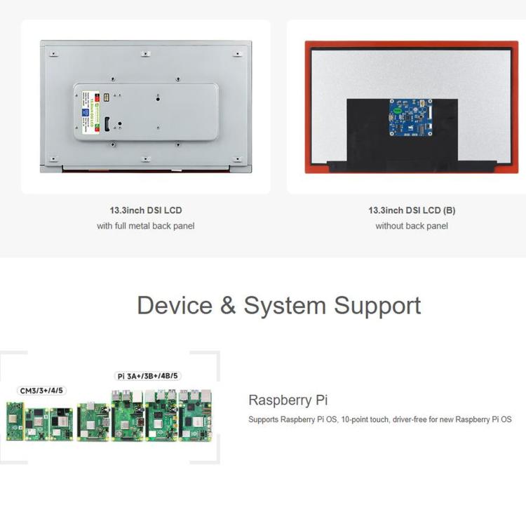 Display touch capacitivo DSI ad alta risoluzione da 13,3 pollici WAVESHARE, 1920 × 1080, IPS, pannello in vetro temperato, interfaccia DSI, touch a 10 punti, Without Back Panel, With Back Panel