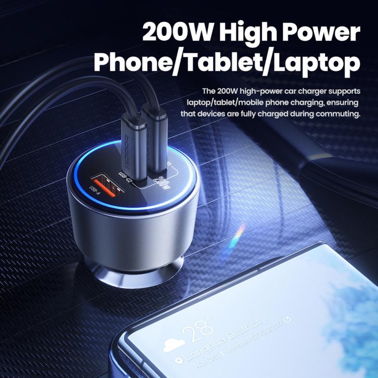 Caricabatterie rapido da auto Toocki da 200 W con 3 porte: doppia USB-C da 100 W e adattatore USB-A PD da 18 W con anello luminoso a LED., SD-033-9