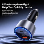 Caricabatterie rapido da auto Toocki da 200 W con 3 porte: doppia USB-C da 100 W e adattatore USB-A PD da 18 W con anello luminoso a LED., SD-033-9