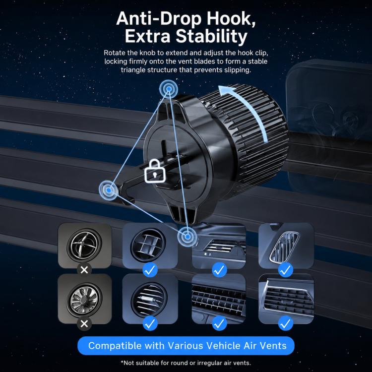 Supporto magnetico per telefono da auto Toocki con gancio di fissaggio anticaduta e rotazione a 360 gradi.