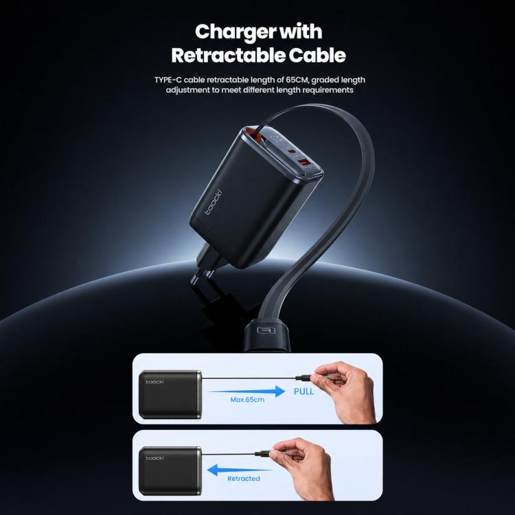 Caricabatterie da parete Toocki da 67 W con cavo USB-C retrattile, stazione di ricarica rapida 3 in 1 con indicatore LED di potenza., EU Plug