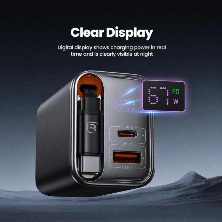 Caricabatterie da parete Toocki da 67 W con cavo USB-C retrattile, stazione di ricarica rapida 3 in 1 con indicatore LED di potenza., EU Plug