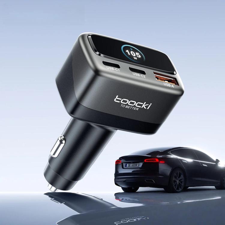 Caricabatterie da auto Toocki da 105 W con USB-C, 3 porte (1 USB-A e 2 USB-C) e display LCD a colori per il livello di carica., C46