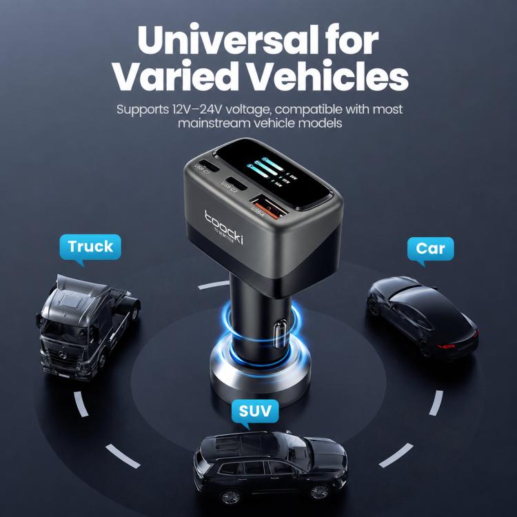 Caricabatterie da auto Toocki da 105 W con USB-C, 3 porte (1 USB-A e 2 USB-C) e display LCD a colori per il livello di carica., C46