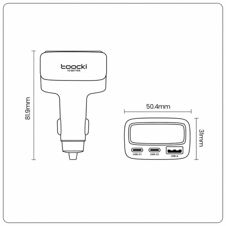 Caricabatterie da auto Toocki da 105 W con USB-C, 3 porte (1 USB-A e 2 USB-C) e display LCD a colori per il livello di carica., C46