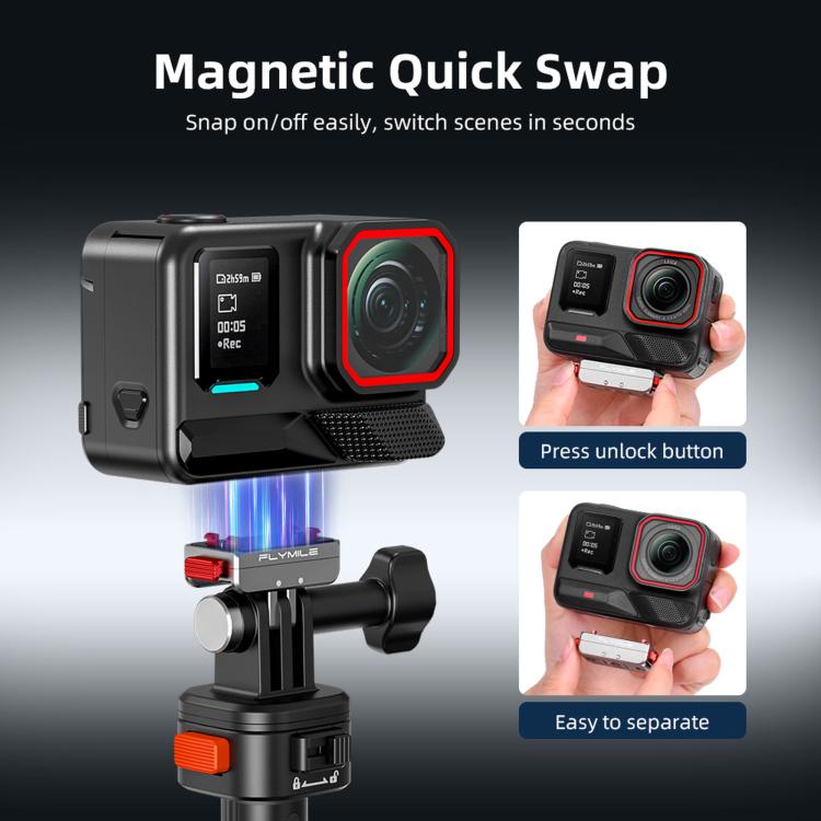 Adattatore di estensione con blocco Flymile per Insta360 Ace Pro 2 / X5 con base a sgancio rapido magnetico.