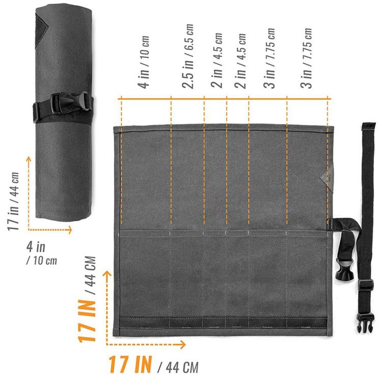 Borsa arrotolabile in tela con 6 tasche, porta utensili da barbecue, organizer per attrezzi da campeggio.