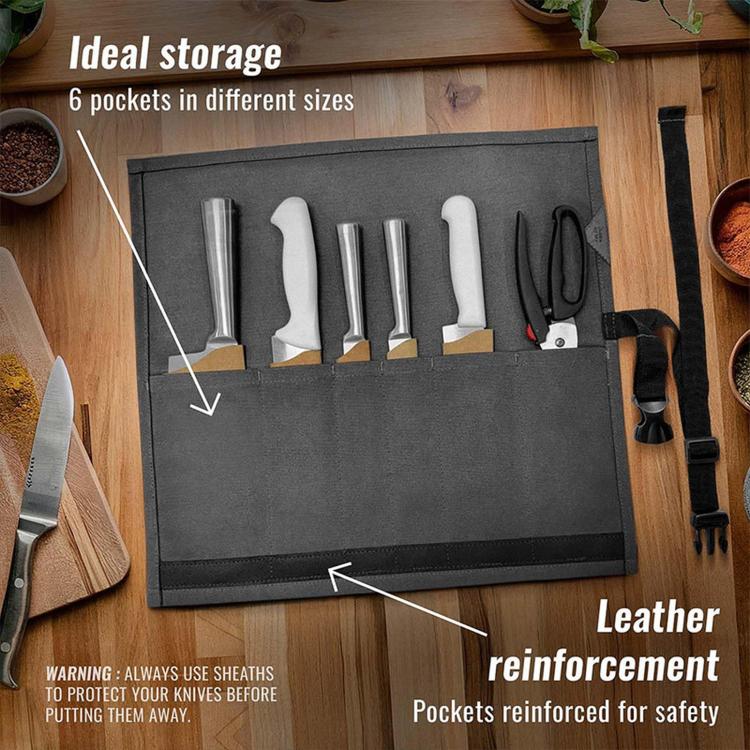 Borsa arrotolabile in tela con 6 tasche, porta utensili da barbecue, organizer per attrezzi da campeggio.