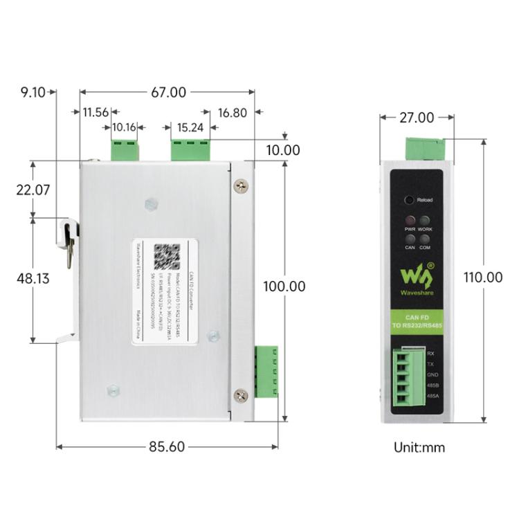 Convertitore di protocollo CAN FD Waveshare da CAN FD a RS232/RS485 per la comunicazione dati bidirezionale, CAN FD To RS232/RS485