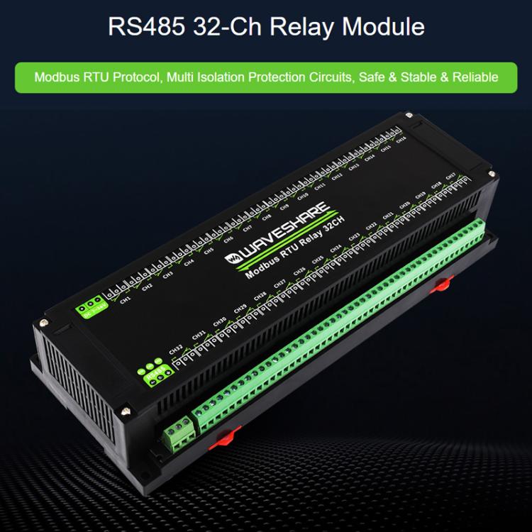 Modulo relè Waveshare Modbus RTU a 32 canali con interfaccia RS485 e circuiti di protezione e isolamento multipli., 25140