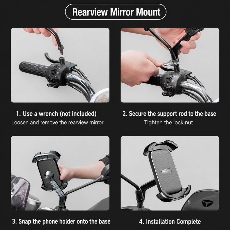 Supporto per telefono da moto BUDK T02 rinforzato e retrattile, antiurto, per bicicletta, ideale per la navigazione all'aperto., Rearview Mirror Black, Rearview Mirror Black Orange, Handlebar Black, Handlebar Black Orange